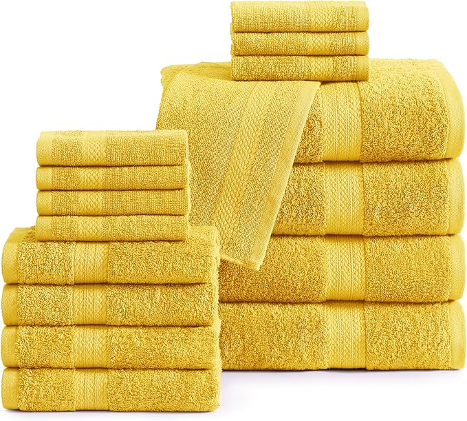 LANE LINEN 100% Mercerized Cotton Bathroom Towel Set - 16 Pieces - Fluffy, Super Soft & Highly Absorbent - 4 Bath Towels, 8 Washcloths, 4 Hand Towels - Ring Spun, Double Sided Cotton Terry - Mimosa