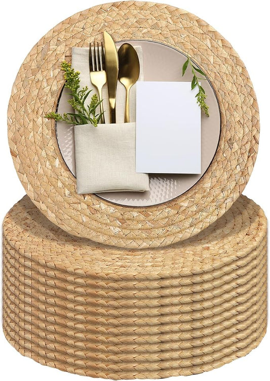 Set of 12 Round Woven Placemats 12-Inch Natural Water Hyacinth Plant Placemats Hand-Woven Boho Rattan Placemat Wicker Weave Table Mats for Home Dinner Plates Holiday Supplies