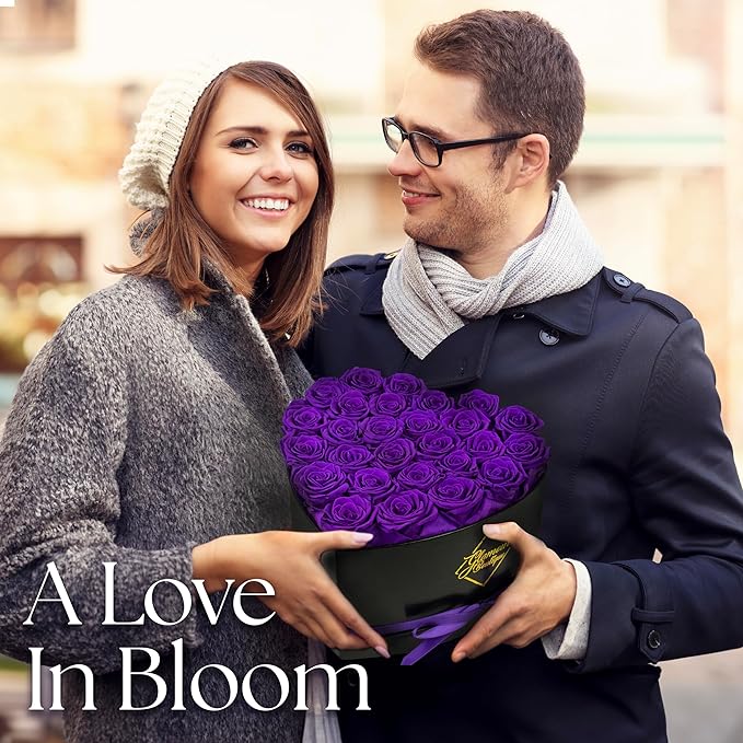 GLAMOUR BOUTIQUE 27 Flower Forever Heart Shape Box - Preserved Roses Gift for Her, Preserved Flowers, Purple