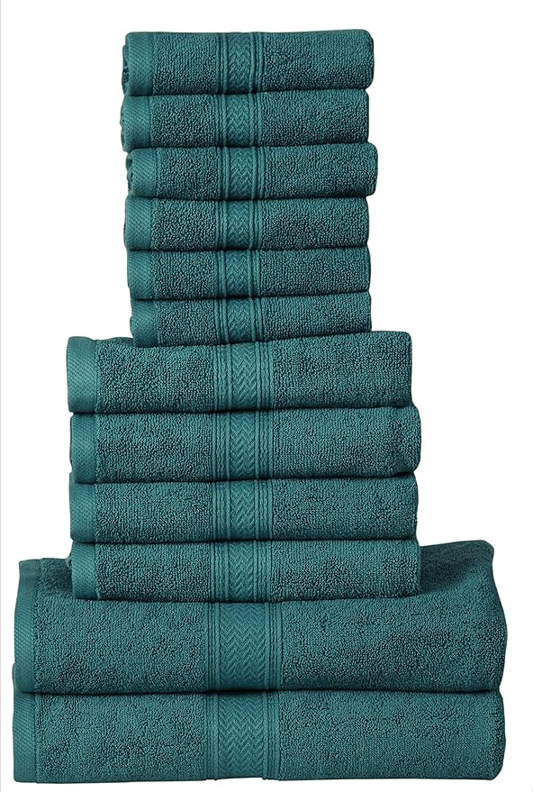 Hillfair 12-Piece 600 GSM Cotton Bath Towel Set - Hotel Spa Towels: 2 Bath, 4 Hand, 6 Washcloths - Absorbent, Super Soft - Teal