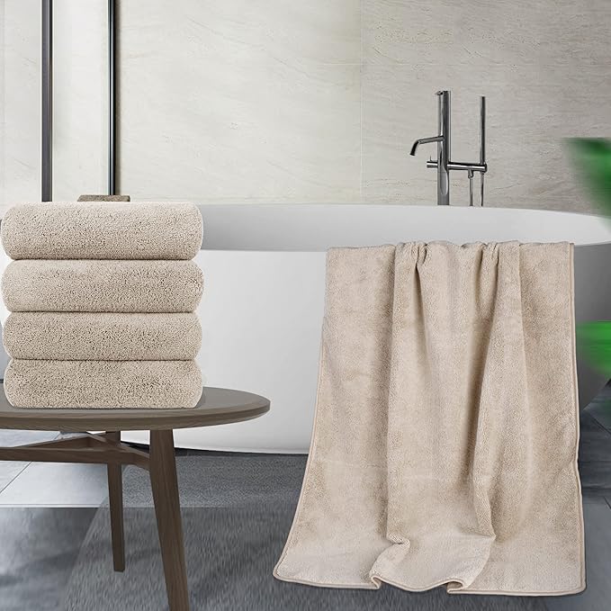 POLYTE Microfiber Quick Dry Lint Free Bath Towel, 57 x 30 in, Pack of 4 (Beige)