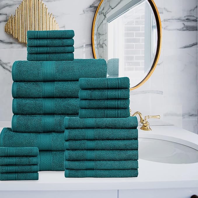 HILLFAIR 100% Cotton Towels Set for Bathroom, Quick Drying, High Absorbent 24Pc Towel Set, 2 Bath Sheets, 4 Bath Towels, 6 Hand Towels, 4 Fingertip Towels, 8 Washclothes: Teal (600GSM-24PC-TEAL)