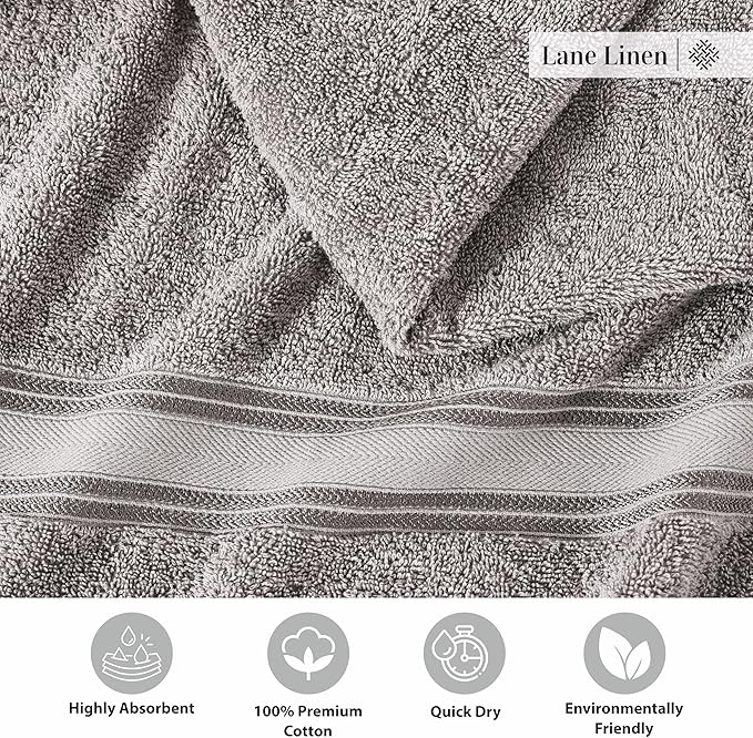 LANE LINEN 100% Cotton Bath Towels Set of 4 (30"x60") - Zero Twist, Mercerized Cotton Extra Large Bathroom Towel Sets - Quick Dry, Soft & Absorbent Grey Towels Set - Pre Shrunk, Fade Resistant - Grey