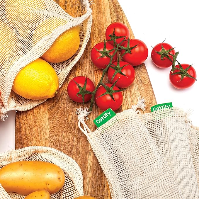 6 Reusable Produce Bags Grocery Washable | Organic Cotton Mesh Produce Bags | Double-Stitched & Tare Weigh | Mesh bags for vegetables | Cotton Produce Bags Reusable Washable | Produce bag (M size)
