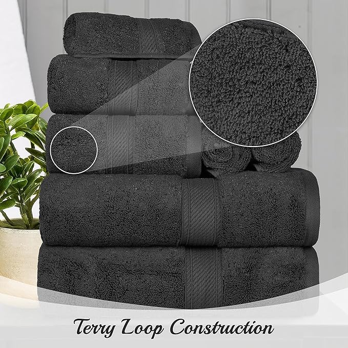 BNM Egyptian Cotton Heavyweight Towels, Ideal For Bathroom, Shower, Spa, Hotel, 800 GSM, Face/ Washcloths, Hand Towels, Bath Towels, Highly-Absorbent, Luxury Home Basics, 9 Piece Towel Set, Black