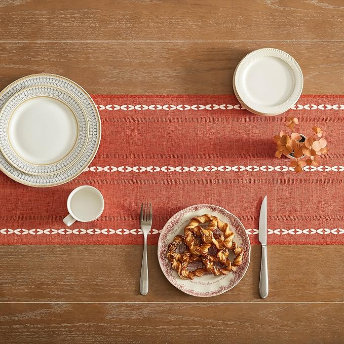 Hemstitched Farmhouse Fall Table Runner, Orange 13x36 Inch, Cotton Linen Table Runners 36 Inches Long, Embroidered Striped Burnt Orange Boho Table Runner Fall Decoration for Home