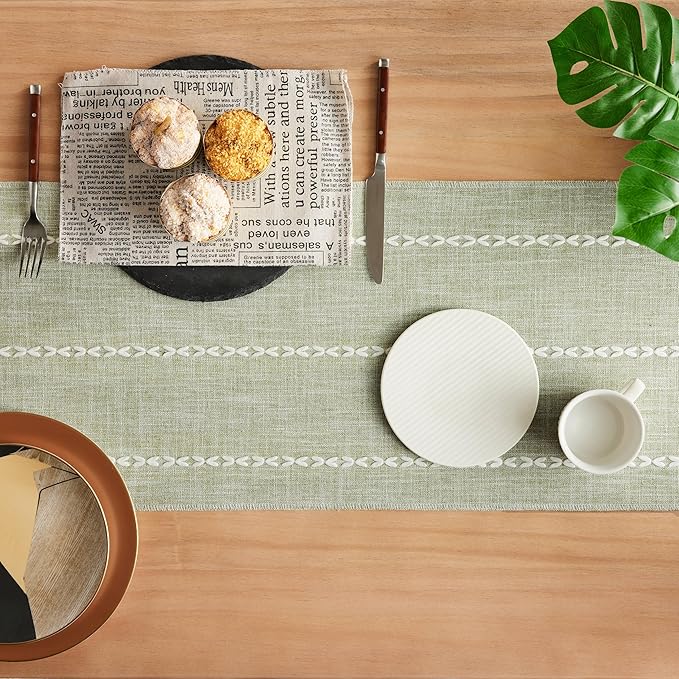 Braided Farmhouse Table Runner,Braided Sage Green 13x48 Inch, Cotton Linen Table Runners 48 Inches Long, Embroidered Striped Sage Green Boho Table Runner Rustic Home Decor