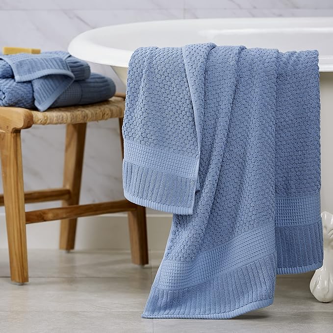 NY Loft 100% Cotton Bath Towel 4 Pack | Super Soft & Absorbent Quick-Dry Bath Towels 30" x 52" |Textured and Durable Cotton | Trinity Collection (4 Pack Bath Towel, Blue Shadow)
