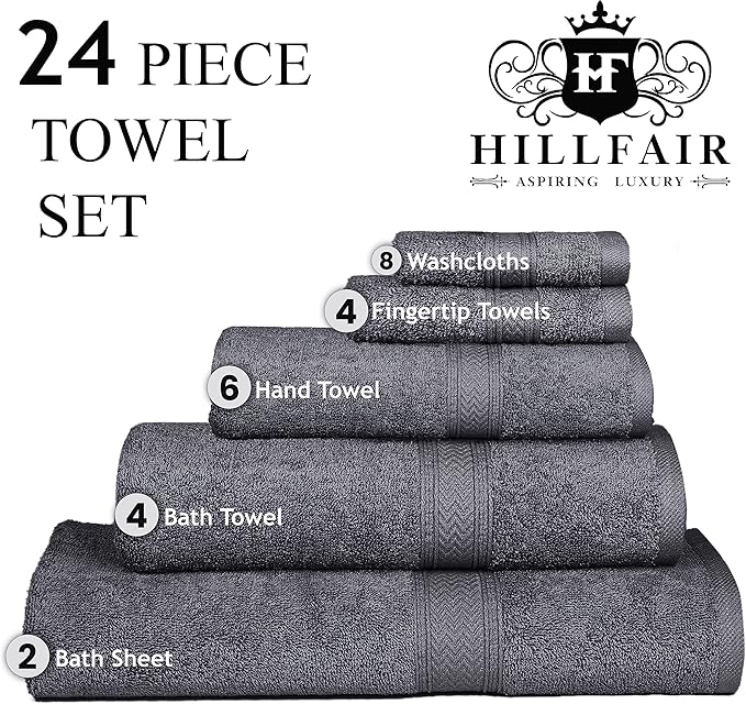 Hillfair 24 Piece Bath Towel Set - 100% Cotton - 2 XXL, 4 Bath, 6 Hand, 4 Fingertip, 8 Washcloths: Platinum