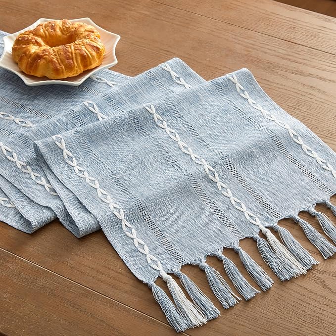Hemstitched Farmhouse Table Runner, Blue 13x90 Inch, Cotton Linen Table Runners 90 Inches Long, Embroidered Striped Blue Boho Table Runner Rustic Home Decor