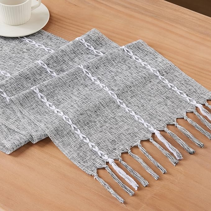 Braided Farmhouse Table Runner, Braided Charcoal 13x108 Inch, Cotton Linen Table Runners 108 Inches Long, Embroidered Striped Charcoal Boho Table Runner Rustic Home Decor