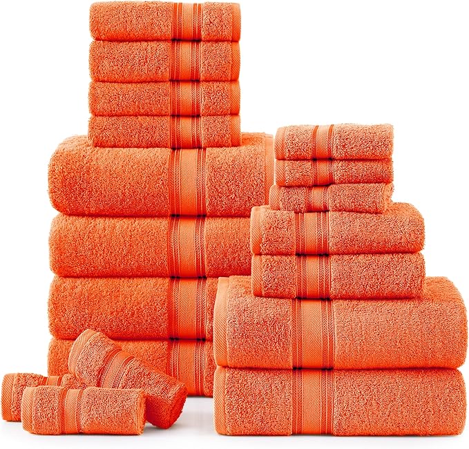 LANE LINEN Luxury Bath Towel Set of 18 – 100% Ring-Spun Cotton, 6 Bath Towels, 6 Hand Towel & 6 Washcloths, Zero Twist, Remains Soft & Absorbent Even After Multiple Washes, Quick Dry - Tiger Lily