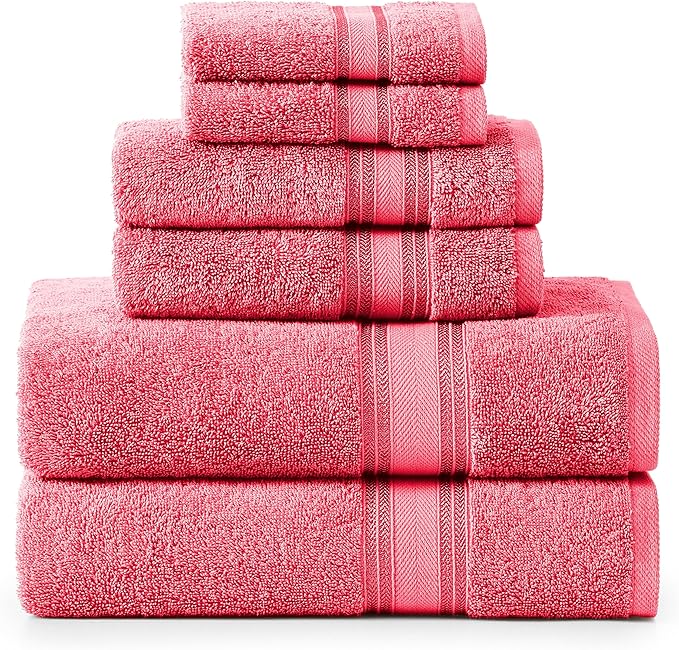LANE LINEN Luxury 6-Piece Bath Towel Set - 100% Cotton, Quick-Dry, Super Absorbent, Zero Twist - Includes 2 Bath Towels, 2 Hand Towels, 2 Washcloths - Honeysuckle