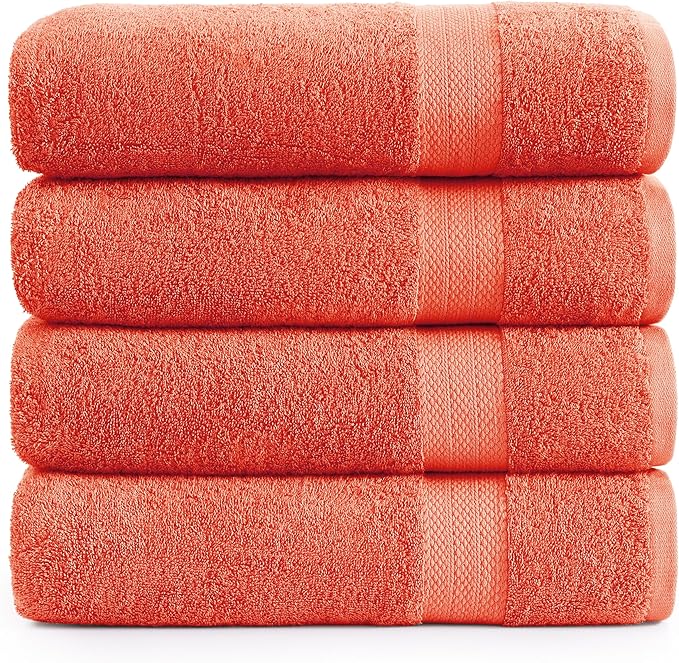 LANE LINEN 100% Cotton Ring Spun Bath Towels (28"x54") - 4 Pieces - Large Towels for Bathroom - Quick Drying, Soft & Absorbent Large Shower Towel Set - Used in Gym, Hotel, Spa, Home - Living Coral