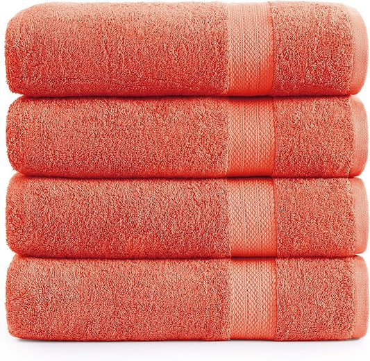 LANE LINEN 100% Cotton Ring Spun Bath Towels (28"x54") - 4 Pieces - Large Towels for Bathroom - Quick Drying, Soft & Absorbent Large Shower Towel Set - Used in Gym, Hotel, Spa, Home - Living Coral