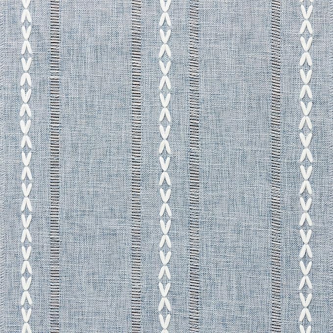 Hemstitched Farmhouse Table Runner, Blue 13x36 Inch, Cotton Linen Table Runners 36 Inches Long, Embroidered Striped Blue Boho Table Runner Rustic Home Decor