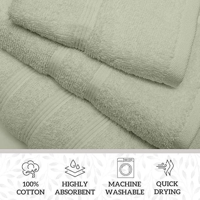 Luxury 8-Piece 100% American Combed Cotton Towel Set Includes 2 Extra Large Bath Towels, 2 Hand Towels, and 4 Washcloths Ringspun Cotton is Extra Absorbent and Super Soft (Green)