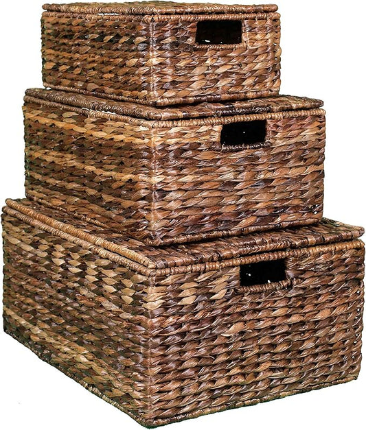 BIRDROCK HOME Abaca Nesting Baskets Set of 3 - Handwoven Storage Baskets w/Handles - Box Organizer for Household, Towels, Clothes, Nursery, Toys | Ideal Use in Living Room, Office, Kitchen & Bathroom