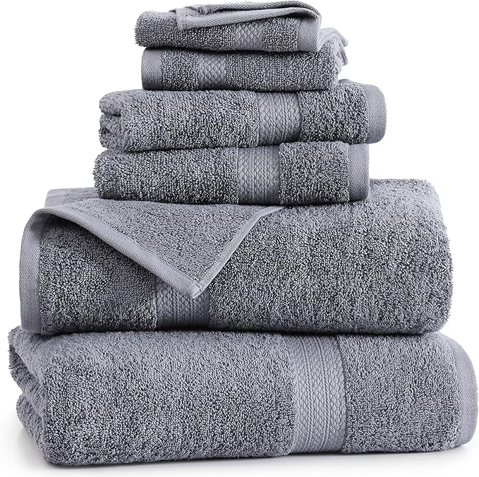 Lane Linen 100% Cotton Luxury Bathroom Towel Set - 6 Pcs - RingSpun, QuickDry, Very Soft & Highly Absorbent - 2 Large Bath Towels, 2 Washcloths, 2 Hand Towels - Pre Shrunk & Fade Resistant - Cool Grey
