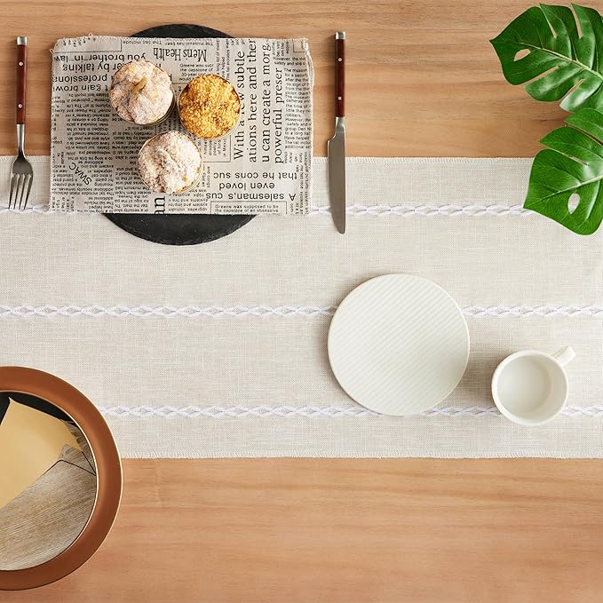 Braided Farmhouse Table Runner, Braided Beige 13x90 Inch, Cotton Linen Table Runners 90 Inches Long, Embroidered Striped Beige Boho Table Runner Rustic Home Decor