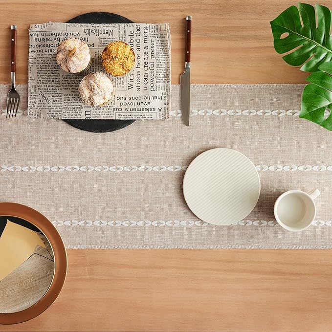 Braided Farmhouse Table Runner,Braided Taupe 13x72 Inch, Cotton Linen Table Runners 72 Inches Long, Embroidered Striped Taupe Boho Table Runner Rustic Home Decor