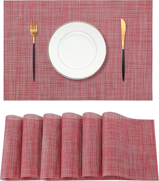 Christmas Red Placemats Set of 6 - Heat Resistant Non-Slip Place mats for Dining Table, Washable Durable PVC Vinyl Woven Table Mats