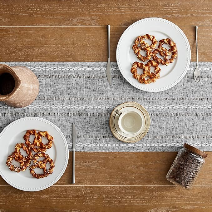 Hemstitched Farmhouse Table Runner, Charcoal 13x72 Inch, Cotton Linen Table Runners 72 Inches Long, Embroidered Striped Grey Boho Table Runner Rustic Home Decor