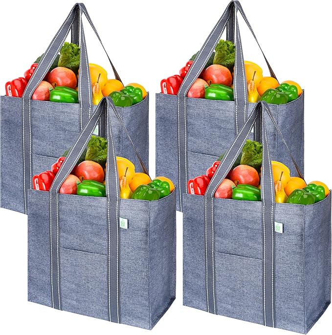 VENO 4 Pack Reusable Grocery Bags, Heavy-Duty Shopping Bags with Handles, Bags for Shopping Cart with Hard Bottom to Stand Upright, Foldable, Multi-Purpose(Gray, 4 Pack)
