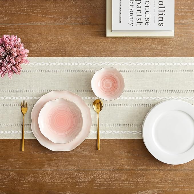 Hemstitched Farmhouse Table Runner, Beige 13x108 Inch, Cotton Linen Table Runners 108 Inches Long, Embroidered Striped Beige Boho Table Runner Rustic Home Decor