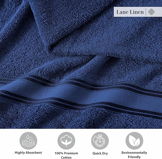 LANE LINEN 100% Ring-Spun Cotton Bath Towel Set of 18 – Zero Twist Shower Towels, 6 Bath, 6 Hand Towel & 6 Washcloths, Quick-Dry, Luxuriously Soft & Durable, Perfect for Everyday use – Navy