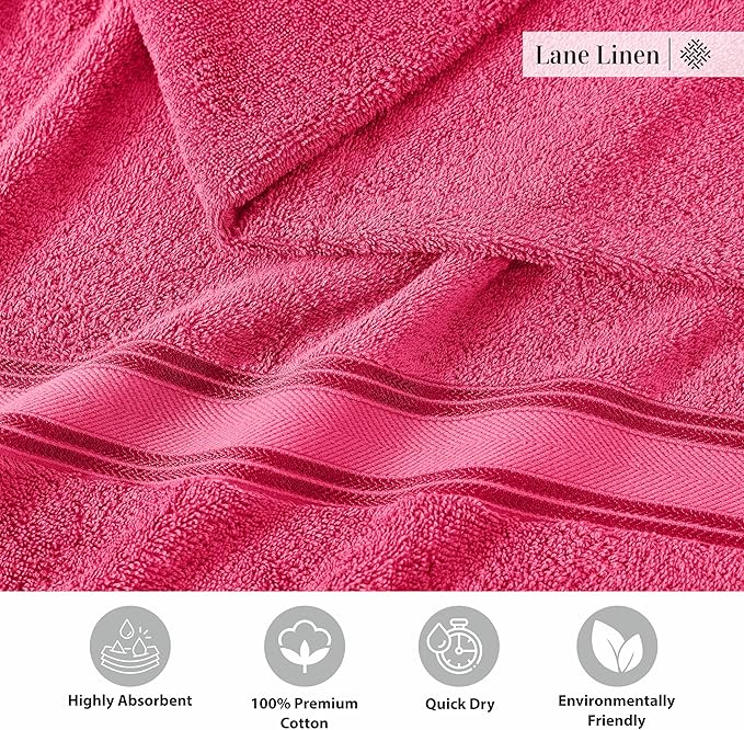 LANE LINEN 12 Pc Bath Towels Set – Ultra Soft 100% Ring-Spun Cotton, 4 Bath, 4 Hand Towel & 4 Wash Cloth, Zero Twist, Quick-Dry, Long-Lasting Comfort & Hotel Quality, Machine Washable – Fuchsia