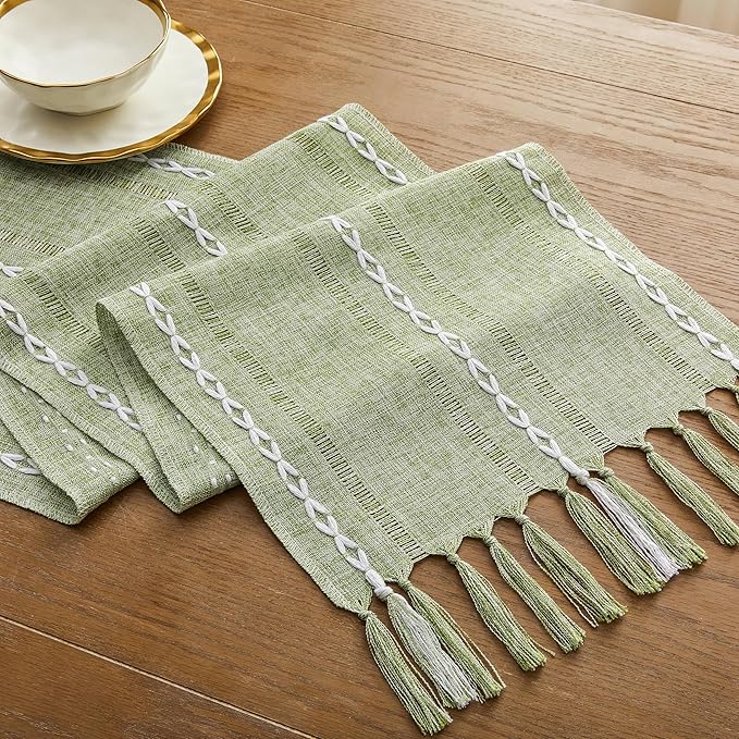 Hemstitched Farmhouse Table Runner, Sage Green 13x48 Inch, Cotton Linen Table Runners 48 Inches Long, Embroidered Striped Sage Green Boho Table Runner Rustic Home Decor