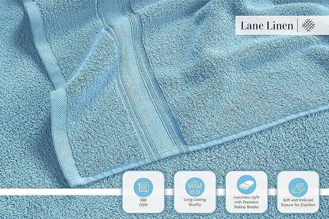 LANE LINEN Luxury Bath Towels Set - 3 Piece 100% Cotton Bathroom Towels, Quick Dry, Extra Aborbent, Super Soft Towels Set 1 Hand Towel, 1 Wash Cloths, 1 Bath Towel, Blue