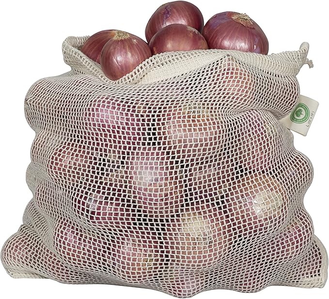 Cotton Mesh Produce Bags - Washable, Organic Cotton Vegetable Storage Bags - Large Net Mesh Onion & Potato Storage Sacks - 14"x18" (6 XL)
