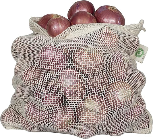 Cotton Mesh Produce Bags - Washable, Organic Cotton Vegetable Storage Bags - Large Net Mesh Onion & Potato Storage Sacks - 14"x18" (6 XL)