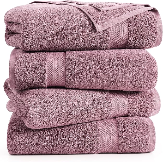 LANE LINEN 100% Cotton Large Bath Towels Set of 4 (28"x54") - Ring Spun Mercerized Cotton Bathroom Towel 4 Pack - Quick Dry, Soft & Absorbent Large Towels Set - Oeko Tex Certified - Wishful Mauve