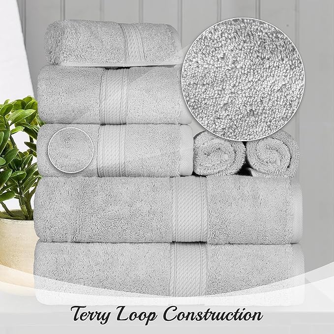 BNM Egyptian Cotton Heavyweight Towels, Ideal For Bathroom, Shower, Spa, Hotel, 800 GSM, Face/ Washcloths, Hand Towels, Bath Towels, Highly-Absorbent, Luxury Home Basics, 9 Piece Towel Set, Silver