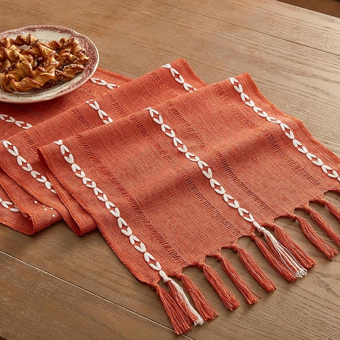Hemstitched Farmhouse Fall Table Runner, Orange 13x108 Inch, Cotton Linen Table Runners 108 Inches Long, Embroidered Striped Burnt Orange Boho Table Runner Fall Decoration for Home