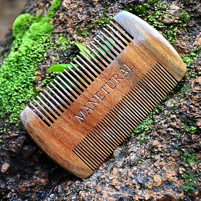 Premium Sandalwood Dual-Action Comb - Double-Tooth Design for Men's Fine & Wide Hair, Mustache Comb, Protective PU Leather Case
