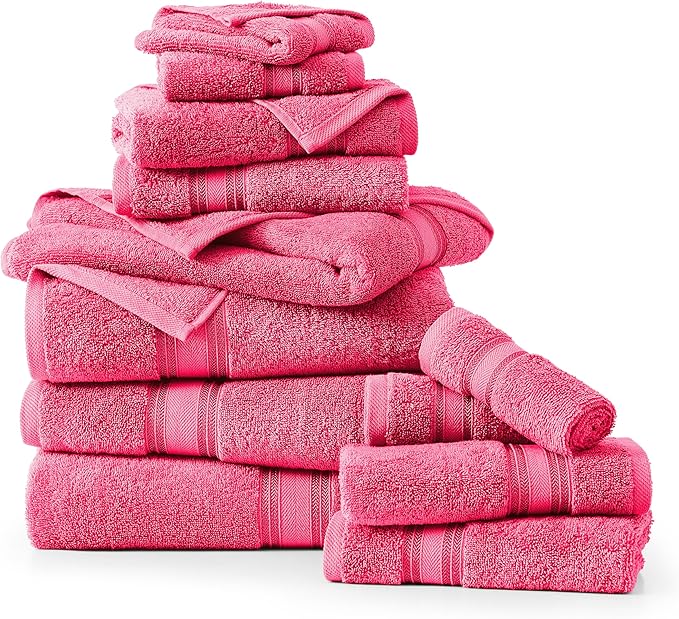 LANE LINEN 12 Pc Bath Towels Set – Ultra Soft 100% Ring-Spun Cotton, 4 Bath, 4 Hand Towel & 4 Wash Cloth, Zero Twist, Quick-Dry, Long-Lasting Comfort & Hotel Quality, Machine Washable – Fuchsia