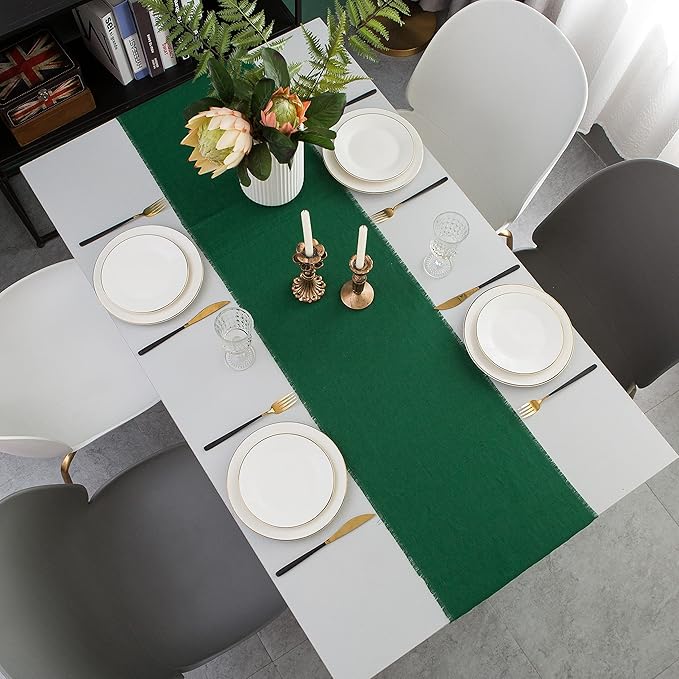 Christmas Table Runner with Fringe- 14x72 Inch Green, 100% Pure Linen Christmas Runner for Table, Green Table Runner for Winter – Machine Washable, Handmade