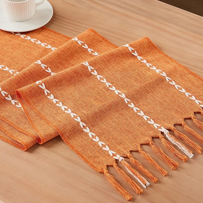 Braided Farmhouse Table Runner,Braided Pumpkin 13x48 Inch, Cotton Linen Table Runners 48 Inches Long, Embroidered Striped Pumpkin Boho Table Runner Rustic Home Decor