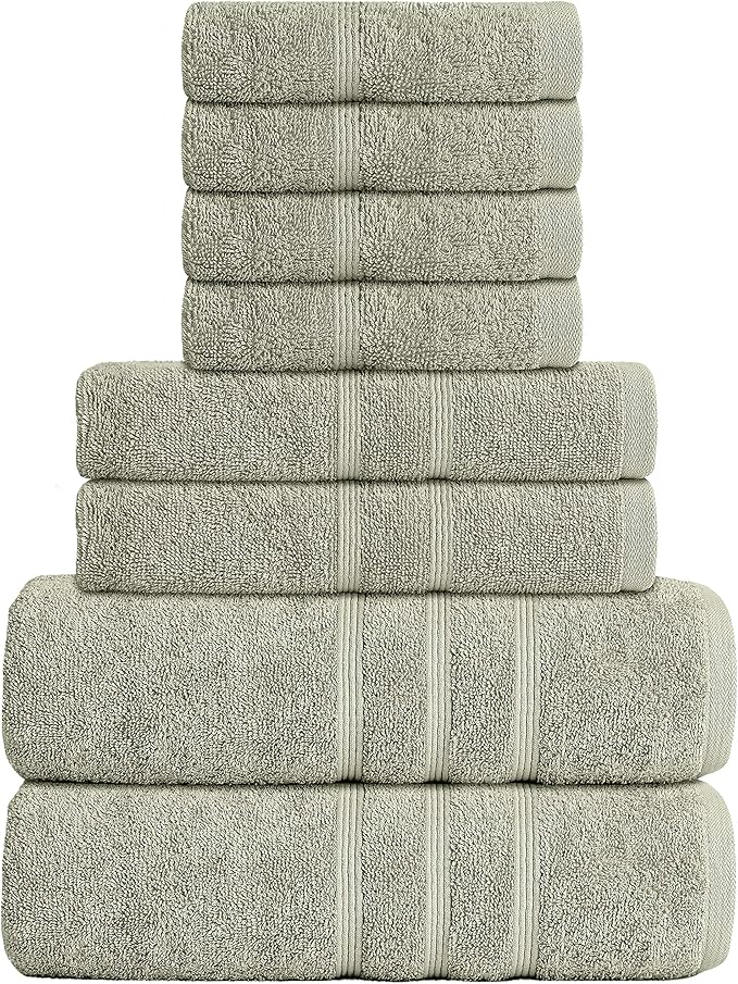 Luxury 8-Piece 100% American Combed Cotton Towel Set Includes 2 Extra Large Bath Towels, 2 Hand Towels, and 4 Washcloths Ringspun Cotton is Extra Absorbent and Super Soft (Green)