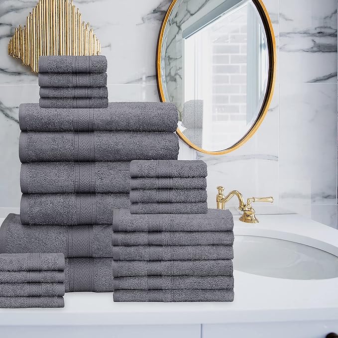 Hillfair 24 Piece Bath Towel Set - 100% Cotton - 2 XXL, 4 Bath, 6 Hand, 4 Fingertip, 8 Washcloths: Platinum