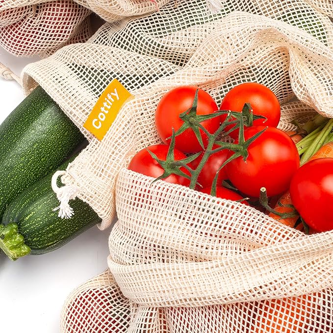 6 Reusable Produce Bags Grocery Washable | Organic Cotton Mesh Produce Bags | Double-Stitched & Tare Weigh | Mesh bags for vegetables | Cotton Produce Bags Reusable Washable | Produce bag (3 sizes)