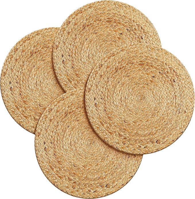 Hausattire Jute Braided Placemats 14 Inches Round Set of 4 Reversible Handwoven Boho Vintage Placemats for Kitchen Dining Tables|BBQ's Thanksgiving Decor Weddings Indoor & Outdoor Parties|Natural