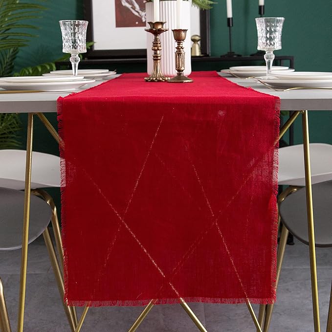Christmas Table Runner with Fringe- 14x72 Inch Red, 100% Pure Linen Christmas Runner for Table, Red Table Runner for Winter – Machine Washable, Handmade