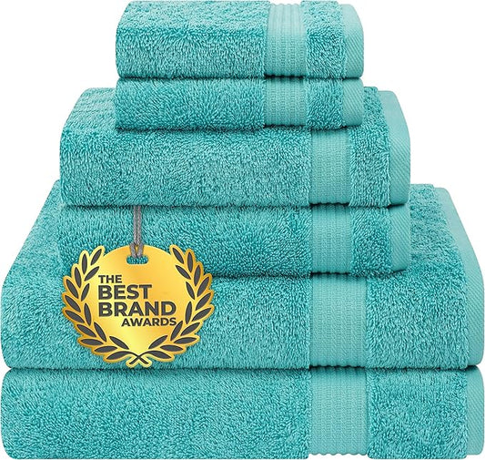 Cotton Paradise 6 Piece Towel Set 100% Cotton Soft Absorbent Turkish Towels for Bathroom 2 Bath Towels 2 Hand Towels 2 Washcloths, Turquoise Towel Set