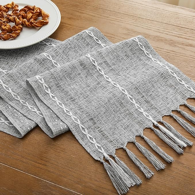 Hemstitched Farmhouse Table Runner, Charcoal 13x72 Inch, Cotton Linen Table Runners 72 Inches Long, Embroidered Striped Grey Boho Table Runner Rustic Home Decor
