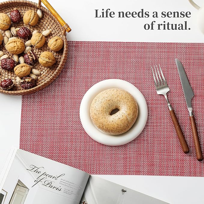 Christmas Red Placemats Set of 6 - Heat Resistant Non-Slip Place mats for Dining Table, Washable Durable PVC Vinyl Woven Table Mats